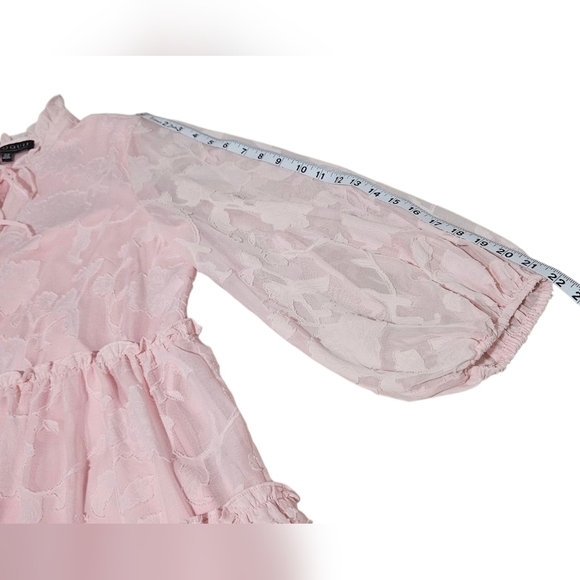 Eloquii Mini Pink Chiffon Tiered Ruffle Dress with Bow Neck Long Sleeve Boho - Picture 12 of 12